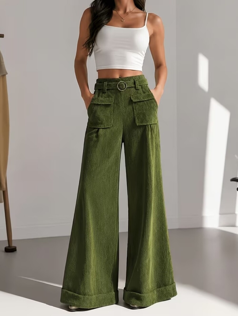 Women'S Olive Green Wide Leg Pants High Waist Solid Color Beltless Pocket Pants